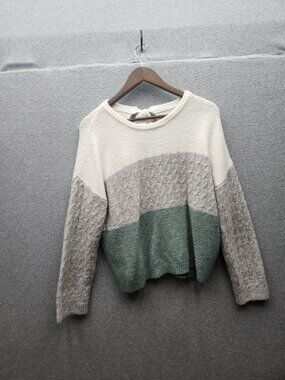 Twine And String Womens XL Colorblock Knit Sweater With Tie Back - Cream Gray &